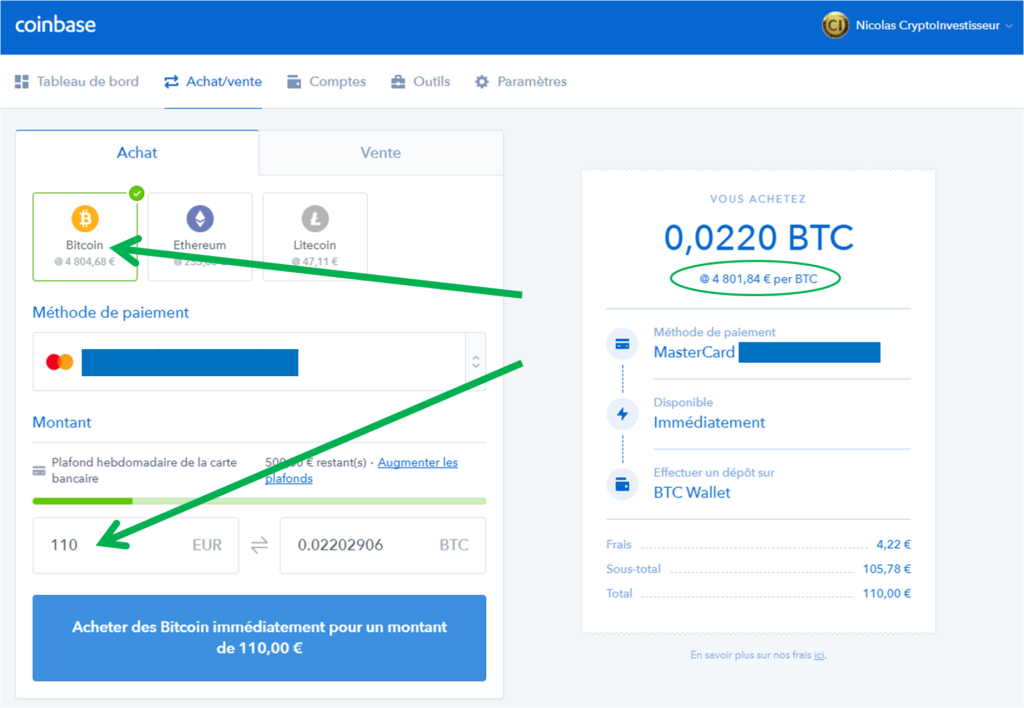 Coinbase achat Bitcoin - Choix montants