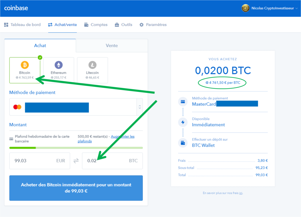 Coinbase achat Bitcoin Option B - Choix montant en Bitcoins (0.02 Bitcoins)