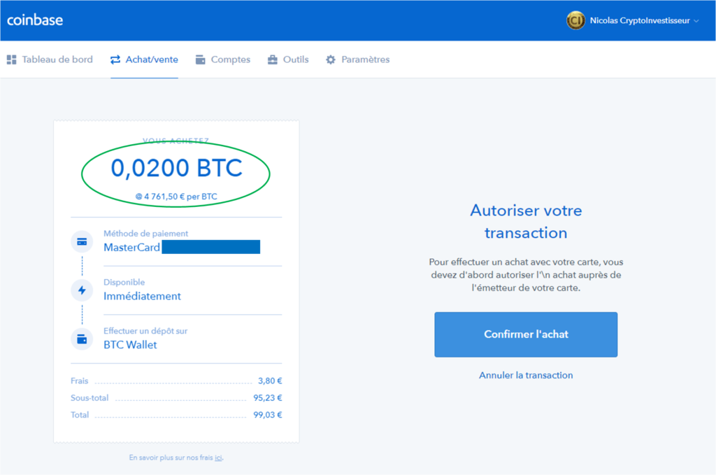 Coinbase achat Bitcoin - Confirmation de la transaction