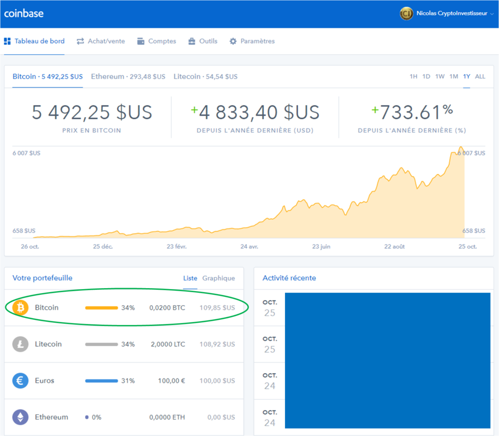 Coinbase achat Bitcoin - Tableau de Bord